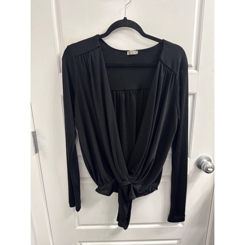 Free People Intimately Black Draped Front Long Sleeve Thong Bodysuit Large